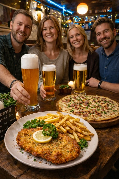 Gäste genießen Bier im Restaurant Breisach