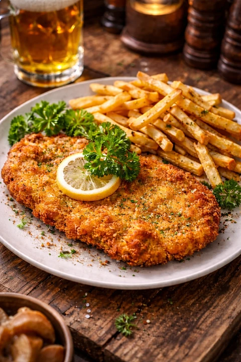 Restaurant nahe dem Kaiserstuhl Schnitzel Knusprig gebratene Schnitzel im Restaurant nahe dem Kaiserstuhl